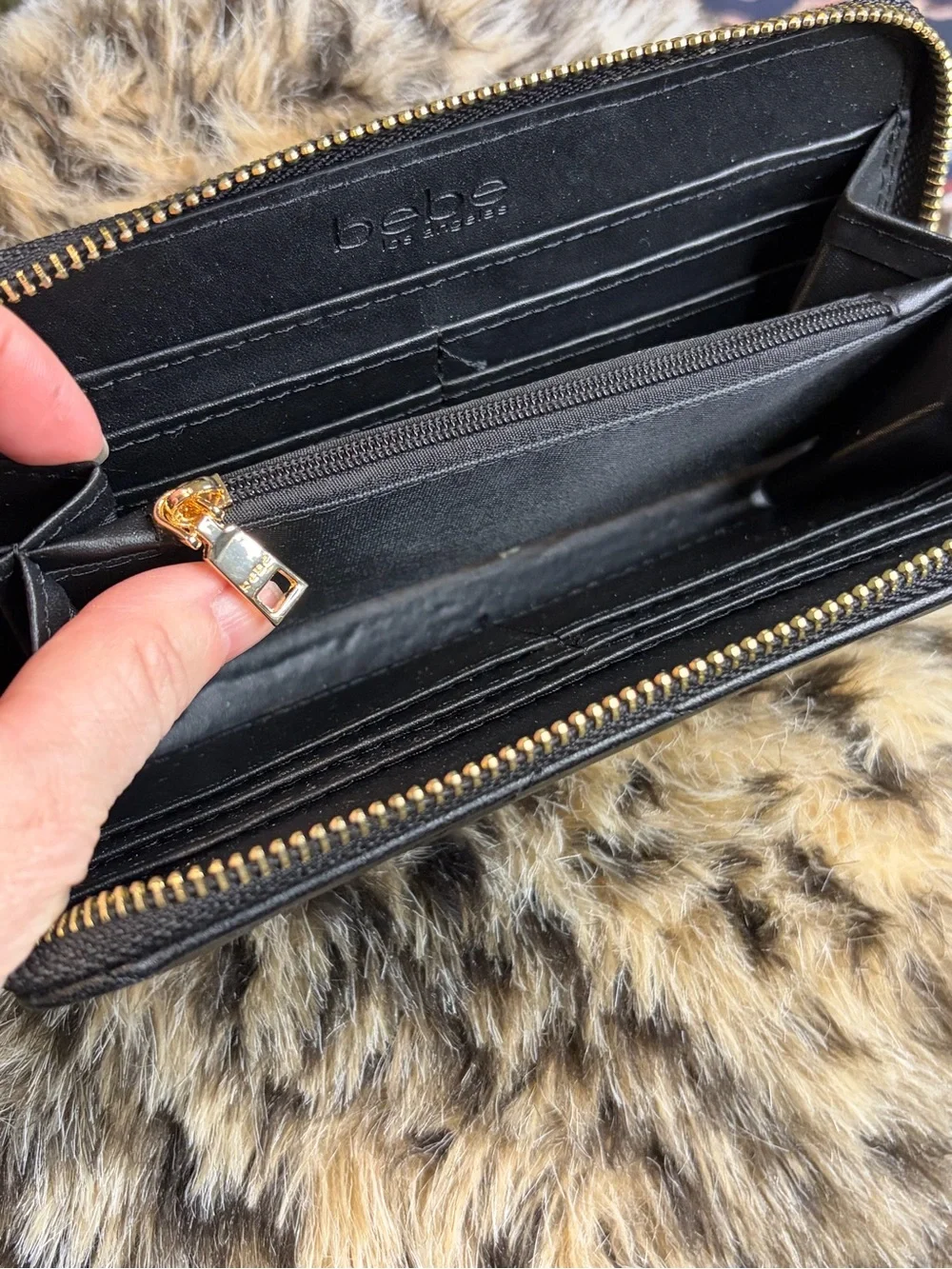 bebe Black Quilted Zip Wallet with Gold Logo Plaque #1329